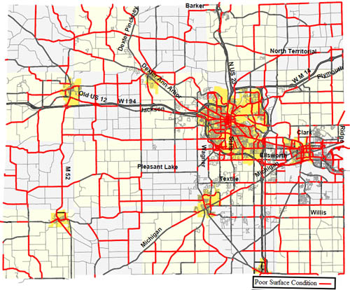 Washtenaw County Map. Below is a map from WATS showing the deteriorating roads in Washtenaw County. Roads shown in red are classified as “poor.” The map only highlights county