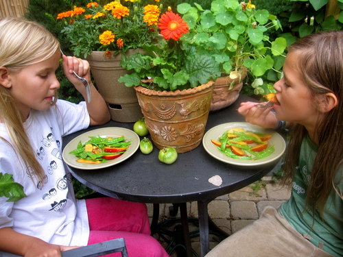 lampman, marina and eva eating sugar snap peas & nectarine salad