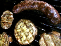 lampman, grilling lamb sausage and eggplant