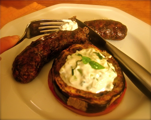 lampman, lamb sausage with grilled eggplant & heirloom tomatoes with cucumber-yogurt sauce