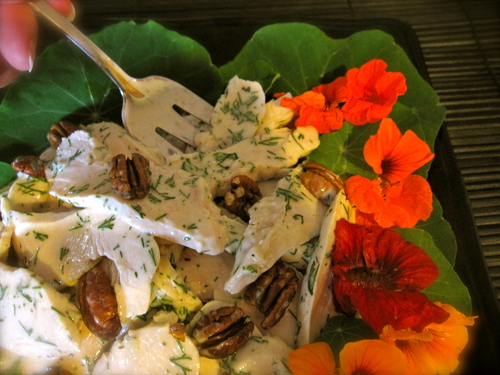 lampman, walnut-dill chicken salad w/nasturtium blossoms
