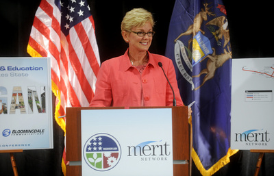 Jennifer Granholm at Merit Network press conference.JPG