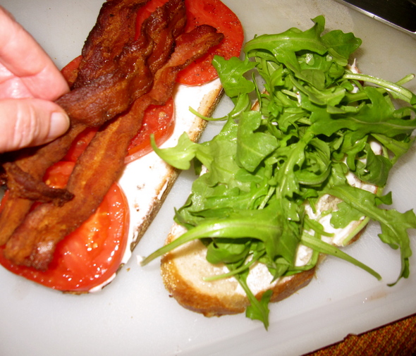 Up North Bacon, Arugula and Tomato Sandwich on Trader Joe's Asiago Pepper Bread a perfect recipe