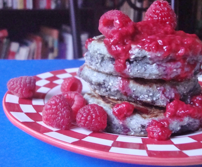 bluecornmealpancakeswithredraspberrysauce.JPG