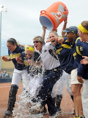 michigan softball hutchins carol ten big title coach purdue water annarbor after team sixth wrapping straight win sweep clinching bucket