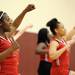 Willow Run sophomore Gabby Sims, left, and senior Madinah Williams, right, cheer at the end of the court. Angela J. Cesere | AnnArbor.com
