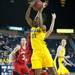 Wolverines Nya Jordan jumps to make a basket against the Cornhuskers during the first half of their game Thursday night.
Courtney Sacco I AnnArbor.com 