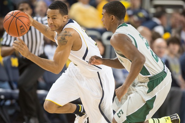 Wolverines sophomore Trey Burke drives the ball down the court during Thursday nights game against Eastern Michigan.
Courtney Sacco I AnnArbor.com