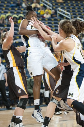 Wolverines Nya Jordan makes a rebound during Thursday's game against Valparaiso.
Courtney Sacco I AnnArbor.com