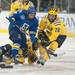 The Wolverines left wing Andrew Copp and the Nanooks Cody Kunyk race towards the puck after the face-off, Saturday Jan. 12.
Courtney Sacco I AnnArbor.com   