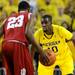 Michigan guard Tim Hardaway Jr. watches the movement of Indiana guard Remy Abell in the second half. Angela J. Cesere | AnnArbor.com

