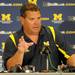 Michigan head coach Brady Hoke talks during a press conference after bad weather caused the football game against Western Michigan to end early at Michigan Stadium in Ann Arbor, Mich. on Sept. 3, 2011. Angela J. Cesere | AnnArbor.com