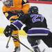  Pioneer defenseman Garrette Helber tries to block Saline forward DJ Aben. Angela J. Cesere | AnnArbor.com
