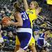 Michigan center Rachel Sheffer throws her arms out to block a pass by Northwestern forward Dannielle Diamant. Angela J. Cesere | AnnArbor.com
