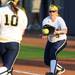 Michigan freshman pitcher Sara Driesenga throws the ball to first baseman Amanda Chidester. Angela J. Cesere | AnnArbor.com
