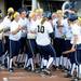 Michigan teammates gather around home base to congratulate freshman Sara Driesenga after she hit a home run. Angela J. Cesere | AnnArbor.com
