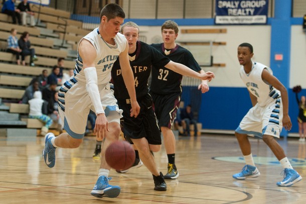 Skyline's Peter Bakker-Arkema dribbles the ball back down court during their game against Dexter Tuesday Feb. 12th.
Courtney Sacco I AnnArbor.com 