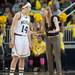 Wolverines head coach Kim Barnes Arico talks to Nicole Elmblad during a free throw.
Courtney Sacco I AnnArbor.com