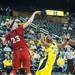 Wolverines Nya Jordan looks up after trying to shoot a basket against the Cornhuskers during the first half of their game Thursday night.
Courtney Sacco I AnnArbor.com 