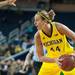 Wolverines Rachel Sheffer looks for an open teammate during the first half of their game against the Cornhuskers Thursday night.
Courtney Sacco I AnnArbor.com  