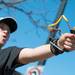 Gavin Lemieus of Ann Arbor fires off a "seed bomb" at the Water Street property in Ypsilanti using a slingshot, Wednesday, May 1.
Courtney Sacco I AnnArbor.com 