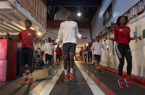 The Michigan All Star Track & Field Club worm up by  jumping rope at their training facility in Ypsilanti.
Courtney Sacco I AnnArbor.com