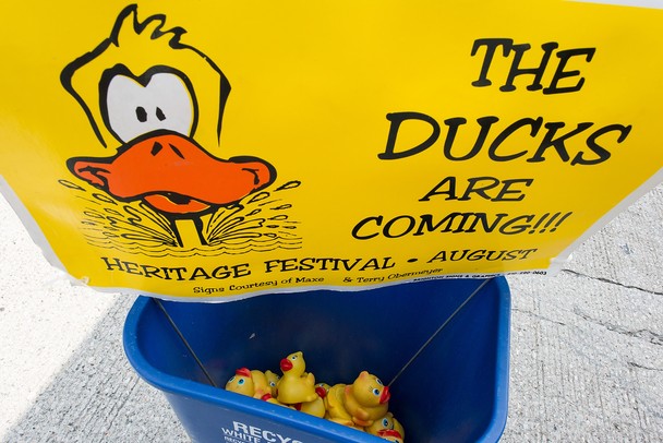 Rubber duckies sit in a bucket as they wait to be placed in with others in the launch above the Huron river, Sunday, August, 18. 
Courtney Sacco I AnnArbor.com  
