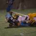 Hartland's James Shoner and Austin Mattord tackle the Eagles Terry Jackson during the third quarter of their game, Thursday, Aug. 29.
Courtney Sacco I AnnArbor.com  