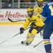 The Wolverines left wing Luke Moffatt skates the puck down the ice during the first period of their game against the Nanooks Saturday Jan. 12.
Courtney Sacco I AnnArbor.com 
