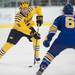 The Wolverines defensemen Jacob Trouba skates the puck down the ice against the Nanooks Michael Quinn during their game at the Yost Ice Arena Saturday Jan. 12.
Courtney Sacco I AnnArbor.com 