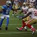 Lions wide reciever Calvin Johnson looks for some running room as the Detroit Lions took on the San Francisco 49ers Sunday October 16, 2011 at Ford Field. San Francisco  won the game 25-19.  Jeff Sainlar I AnnArbor.com