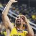 A Michigan fan partakes in a shooting contest during a media timeout as Michigan took on Ferris State at the Crisler Arena Friday November 11, 2011. (AP Photo/AnnArbor.com, Jeff Sainlar I AnnArbor.com)