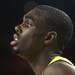 Tim Hardaway Jr. takes a breather as Michigan took on Ferris State at the Crisler Arena Friday November 11, 2011.  Michigan won the game 59-33(AP Photo/AnnArbor.com, Jeff Sainlar I AnnArbor.com)