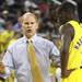 Michigan head coach, John Beilein, has a talk with Tim Hardaway Jr. as Michigan took on Ferris State at the Crisler Arena Friday November 11, 2011. Michigan won the game 59-33 (AP Photo/AnnArbor.com, Jeff Sainlar I AnnArbor.com)