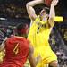 Stu Douglass takes a shot in front of Bradyn Mungo as Michigan took on Ferris State at the Crisler Arena Friday November 11, 2011. Michigan won the game 59-33(AP Photo/AnnArbor.com, Jeff Sainlar I AnnArbor.com)