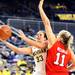Carmen Reynolds hits a layup over Taryn Wicijowski as the University of Michigan women's basketball team took on the University of Utah Utes Thursday November 17, 2011 at the Crisler Arena. Michigan won the game 55-50.Jeff Sainlar I AnnArbor.com
