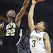 Trey Burke has his shot rejected by Mitchell Anderson as the Michigan men's basketball team took on Arkansas Pine-Bluff at the Crisler Arena Tuesday December 13, 2011. Michigan won the game 63-50. Jeff Sainlar I AnnArbor.com